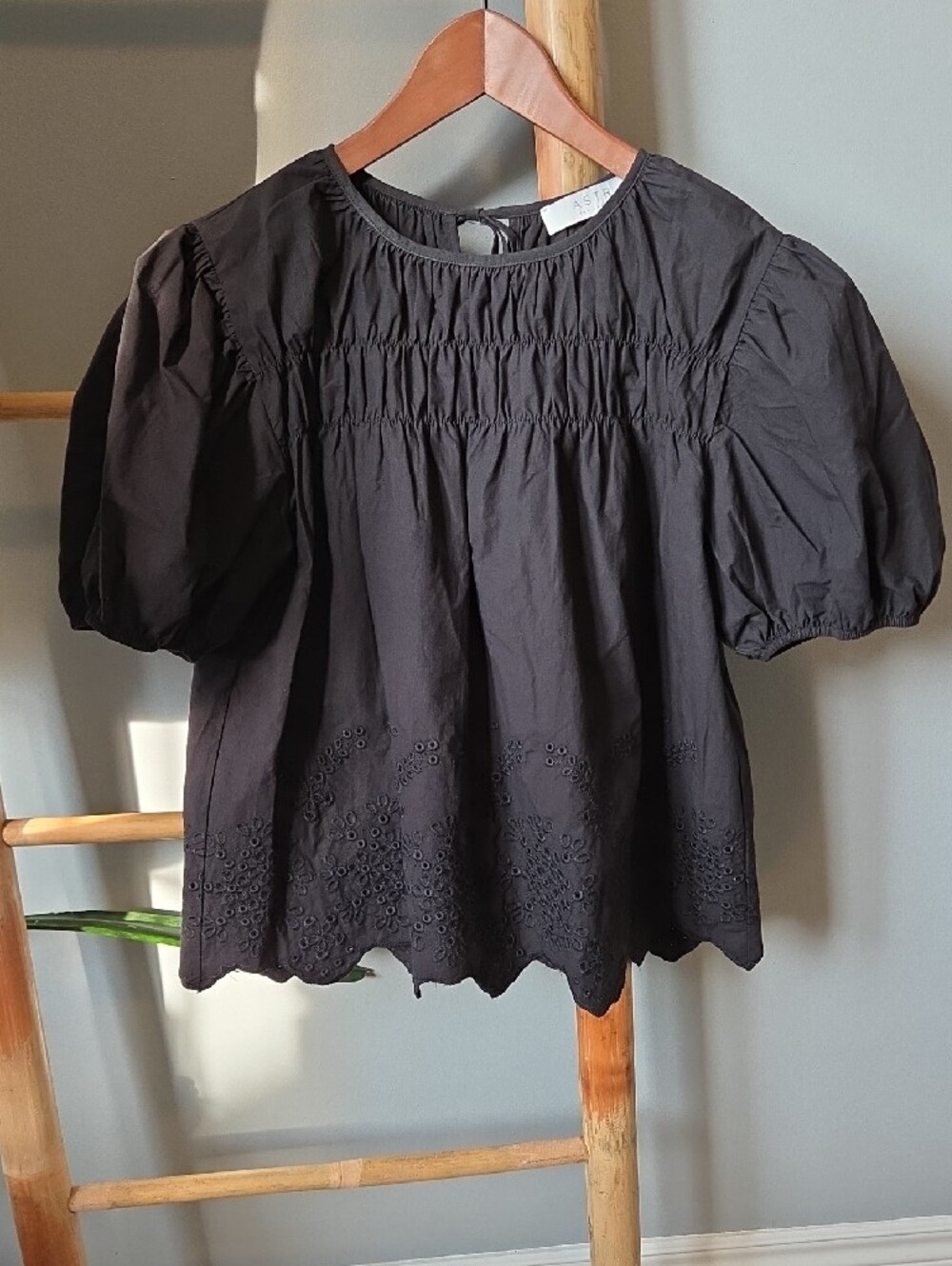 Astr Black Puff-Sleeve Eyelet Blouse